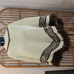 Handmade vintage crocheted poncho brown cream one size